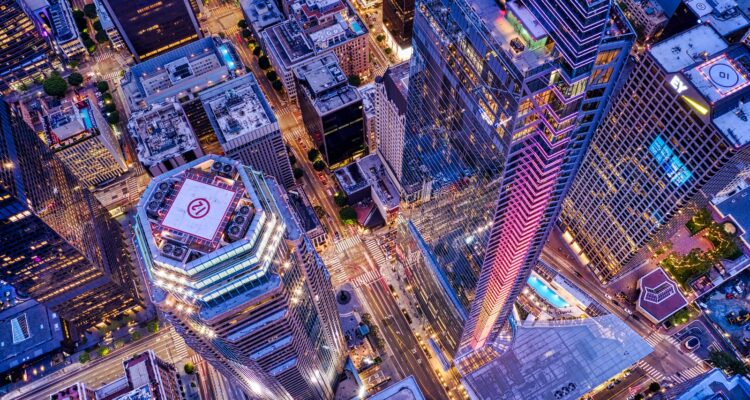 aerial view of city buildings during night time